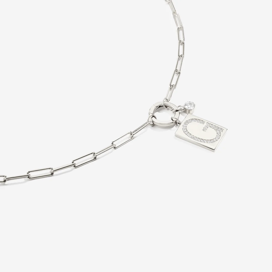 Sterling Silver Pave Initial Pendant Necklace with Paperclip Chain - Image 8